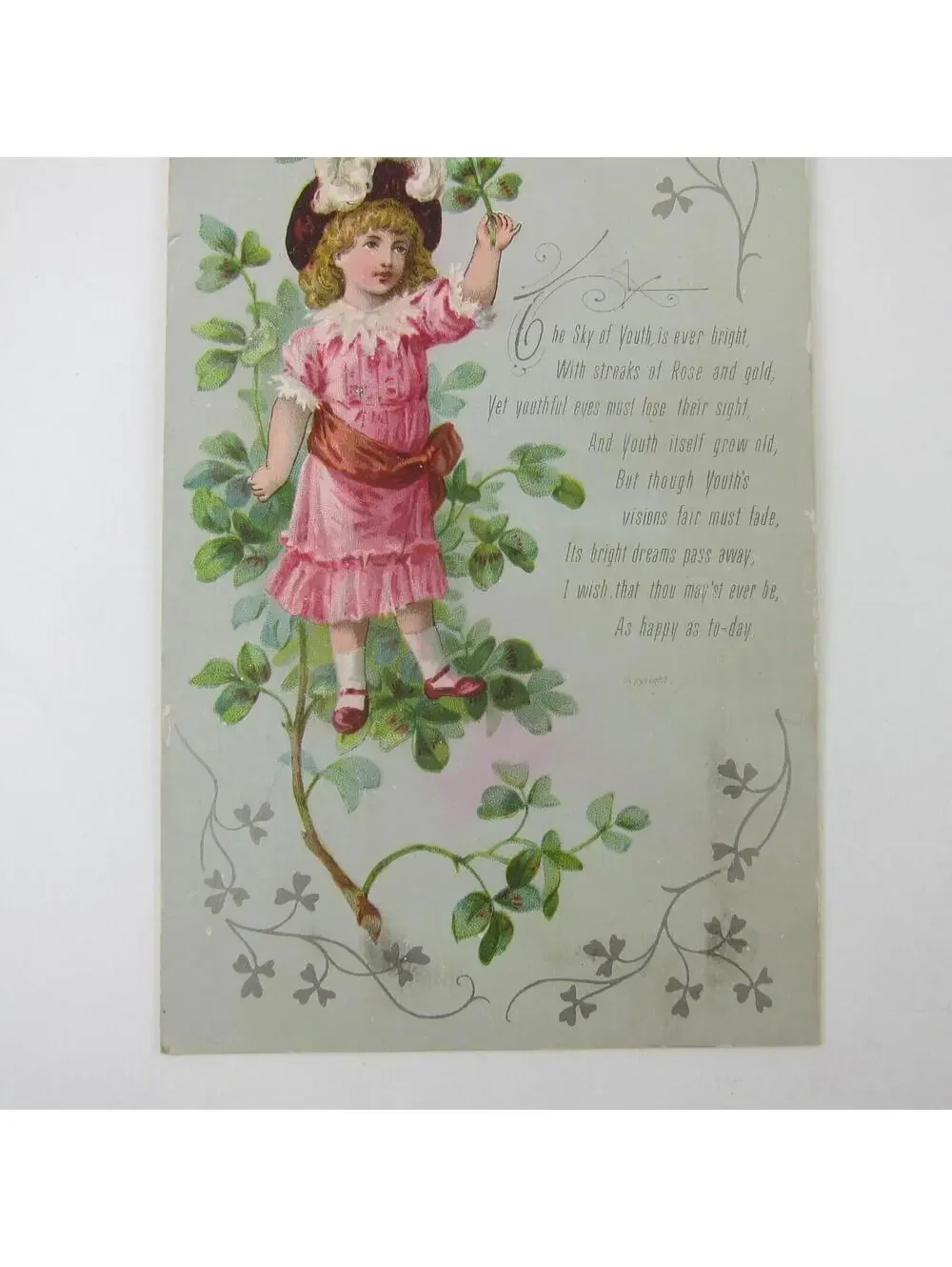 Victorian Greeting Card Four Leaf Clover Girl Pink Dress Feather Hat Antique